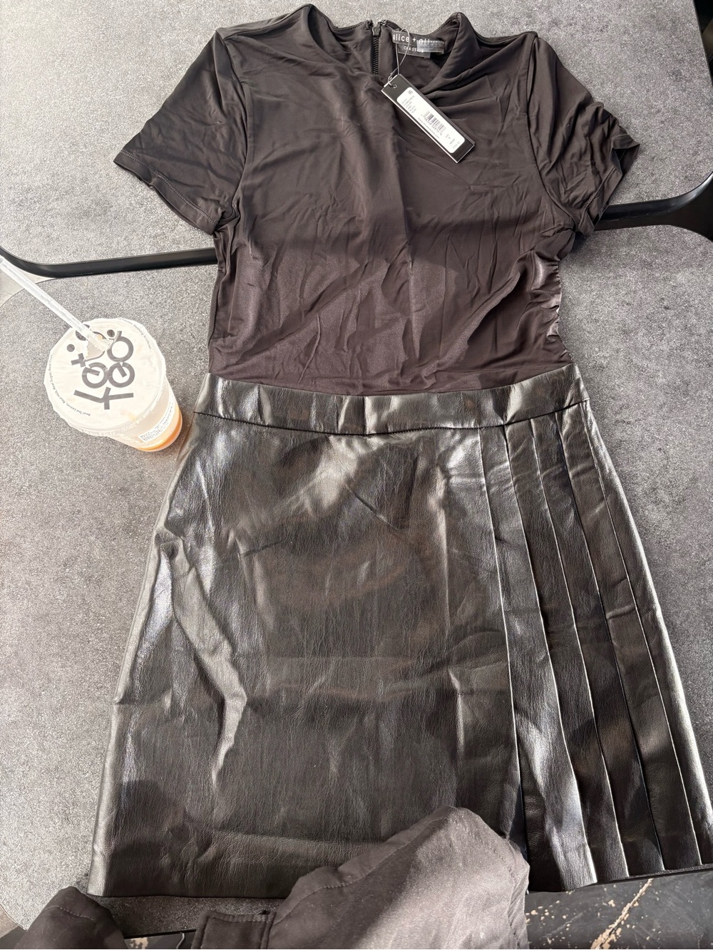 Alice + Olivia Black Faux Leather Pleated Mini Skirt